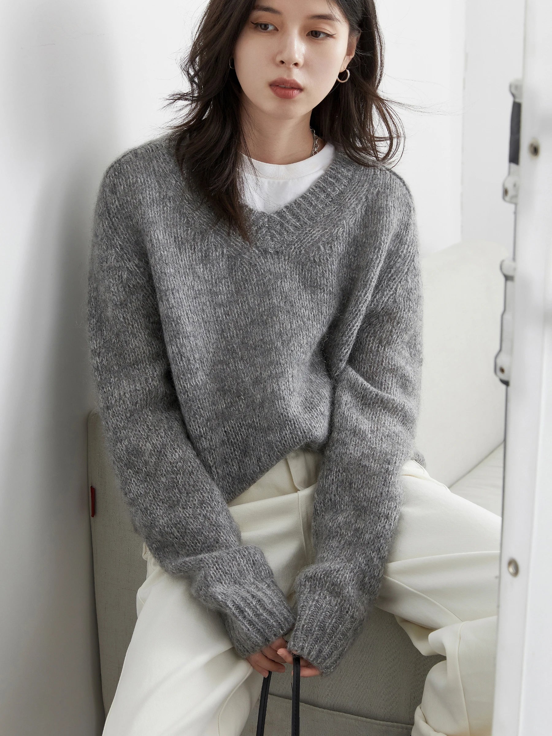 V-Neck Mohair Sweater Soft Loose Knit Pullover