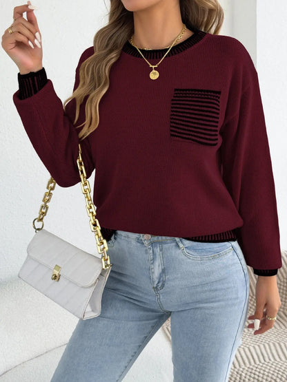 Chic Striped Color Block Knitted Top with Pockets - Lantern Sleeve Style - Loran