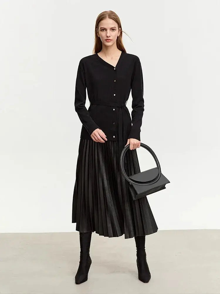 Women's V-Neck Knit Cardigan Sweater with Belt - Loran