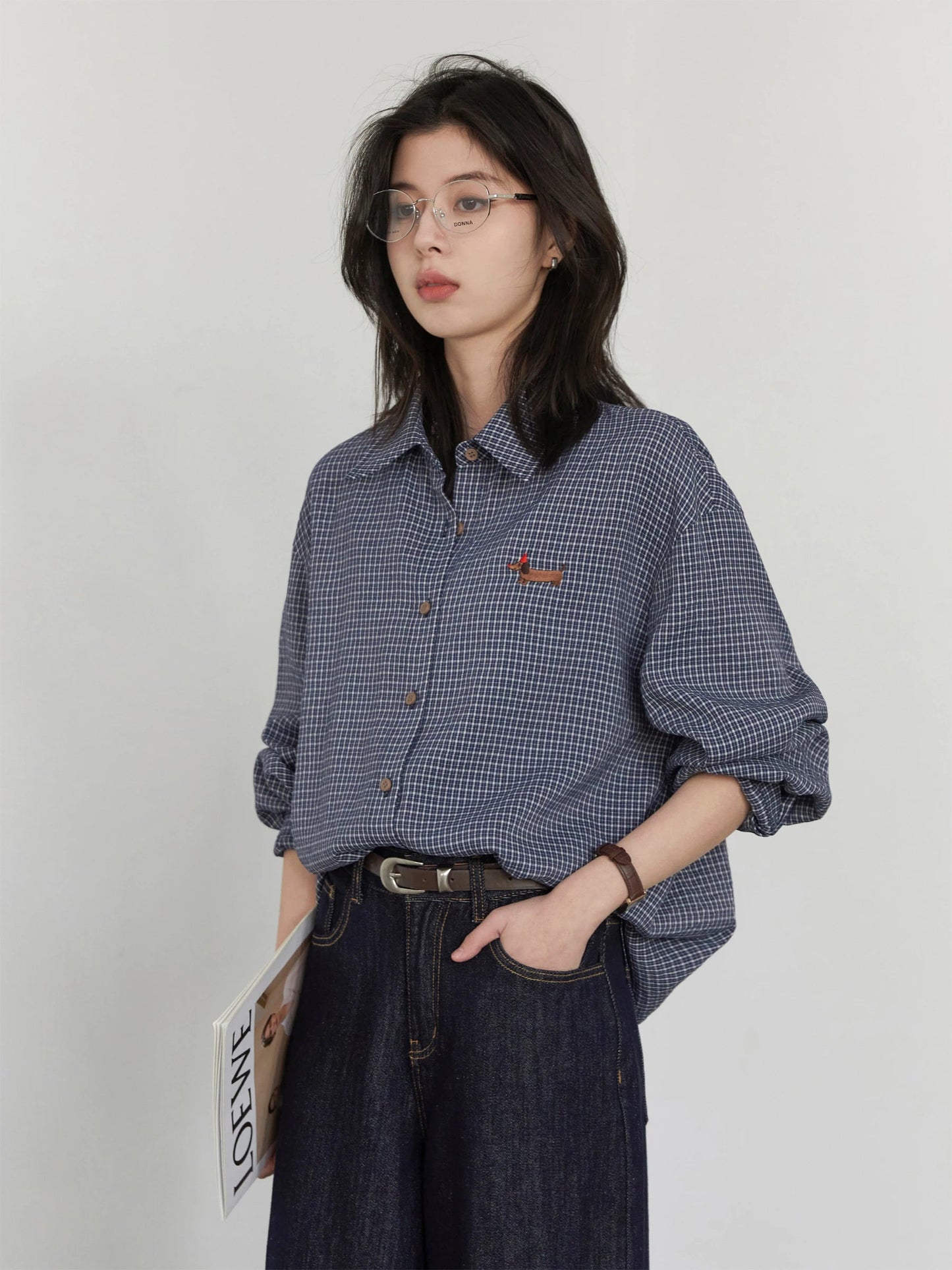 Retro Plaid Embroidered Blouse Loose Casual Long Sleeve Loran