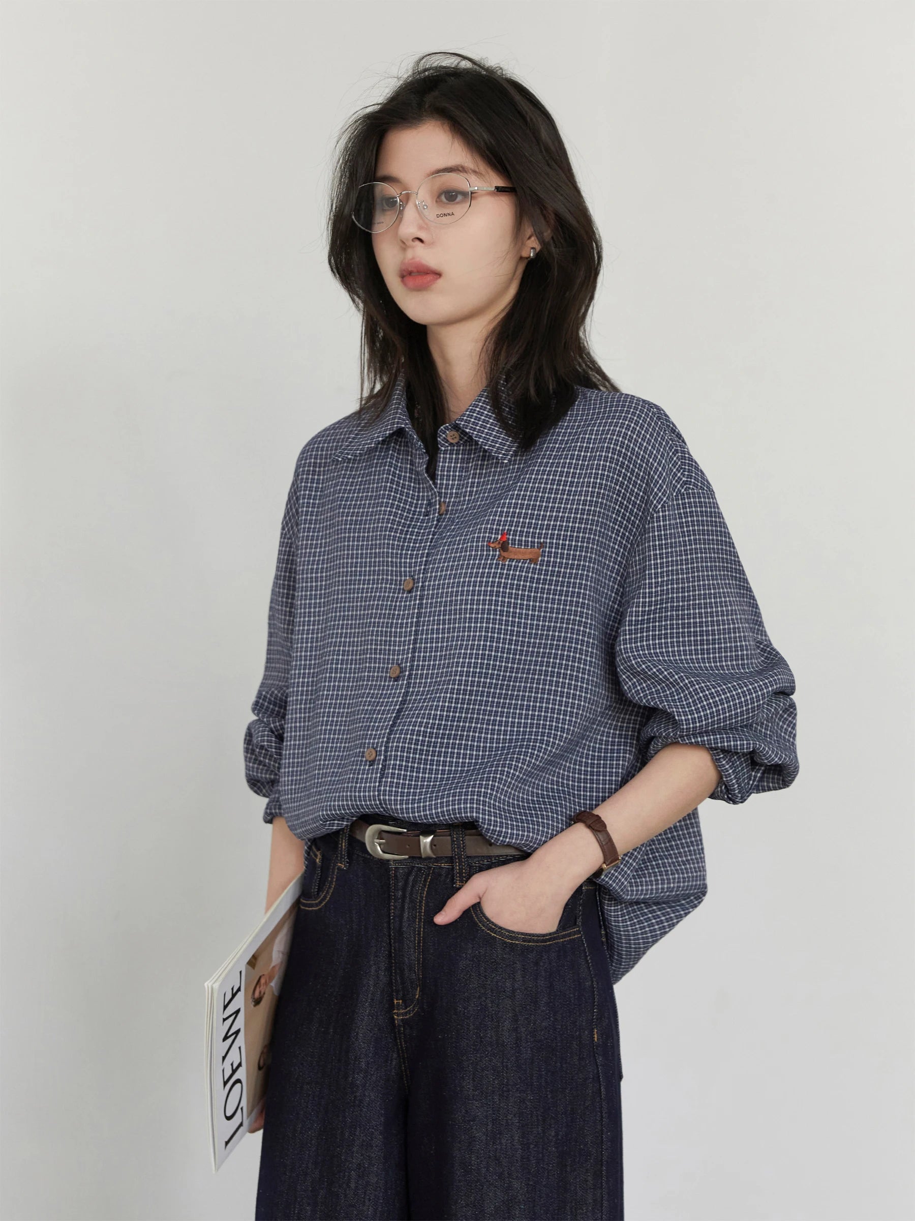 Retro Plaid Embroidered Blouse Loose Casual Long Sleeve Loran