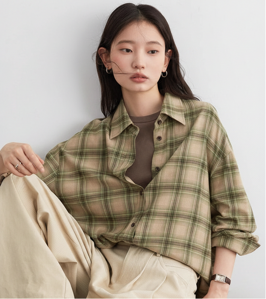 Long Sleeve Plaid Shirt Casual Loose Fit Autumn Blouse Loran