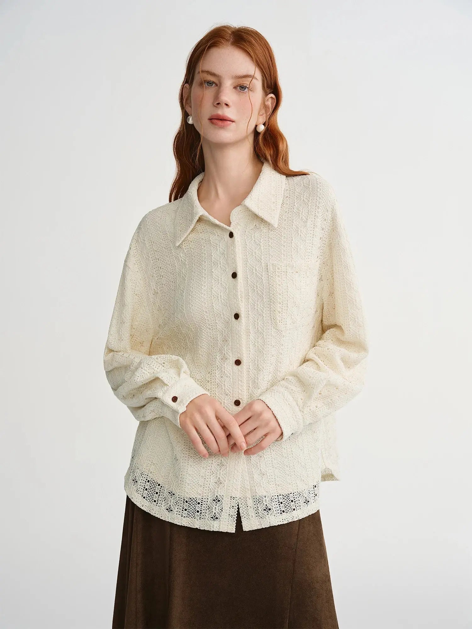 Soft French Style Commuting Top with Hollow Out Embroidery - Loran