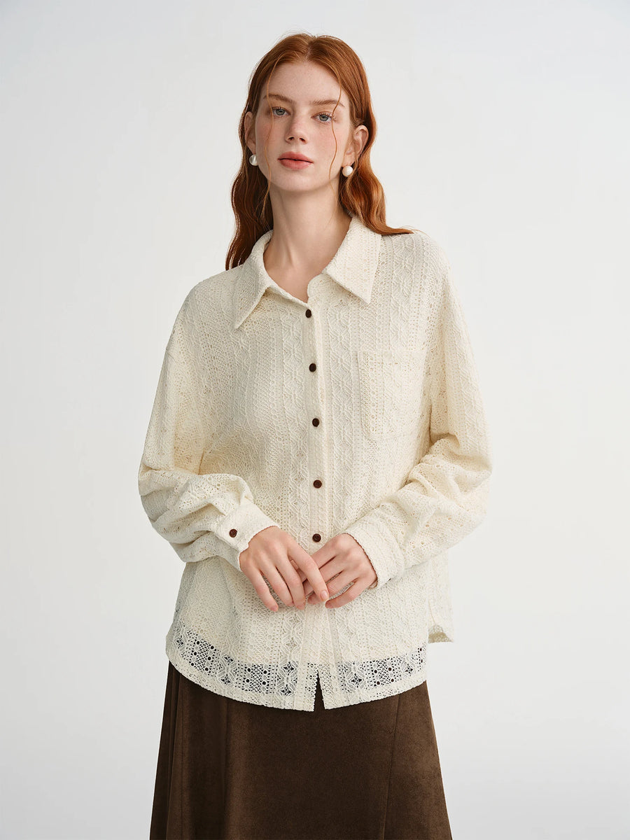 Soft French Style Commuting Top with Hollow Out Embroidery