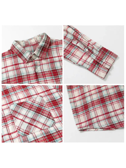 Retro Color Block Grid Cotton Shirt Loose Fit Blouse Loran