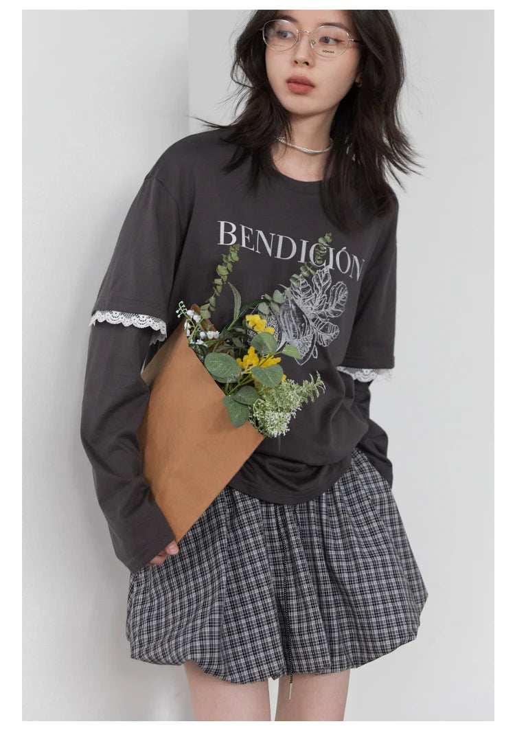 CHIC VEN Women T-Shirts O Neck Cotton Loose Casual New Patchwork Lace Letter Tees Female Long-sleeved Top Spring Summer 2025 Loran