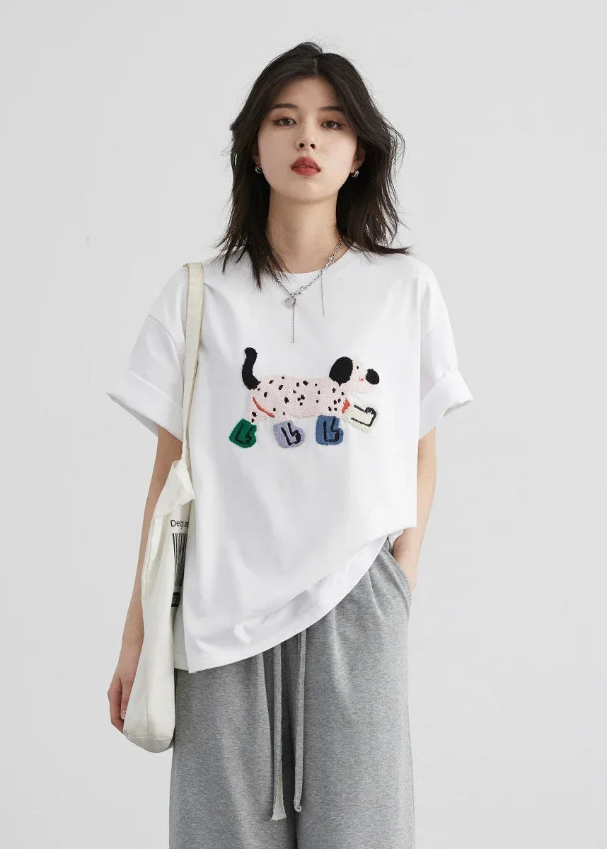 Dog Embroidered Cotton T-Shirt Loose Summer Streetwear Loran
