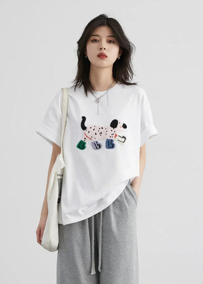 Dog Embroidered Cotton T-Shirt Loose Summer Streetwear Loran