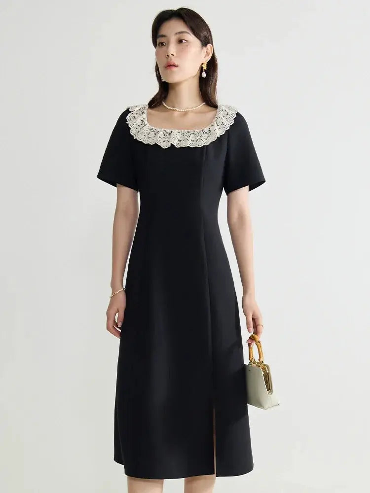 Elegant Black Lace Short Sleeve Long Dress Loran