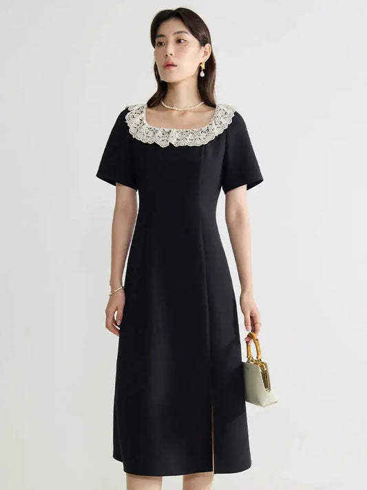 Elegant Black Lace Short Sleeve Long Dress Loran