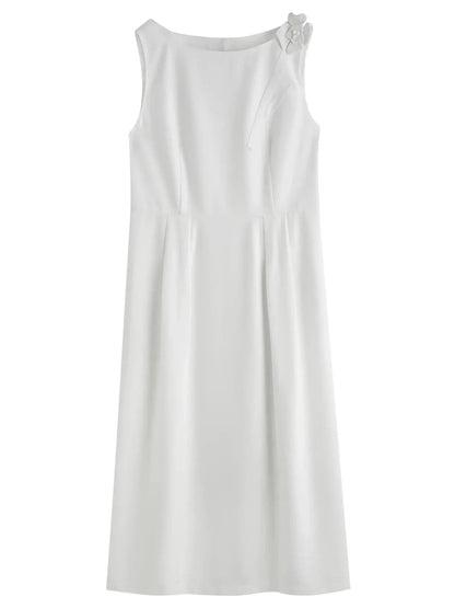 Elegant Plus Size Summer Choker Vest Dress with Floral Brooch LORAN STORE