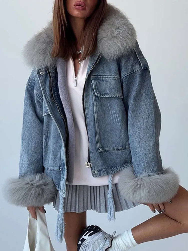Light Blue Denim & Fur Winter Coat