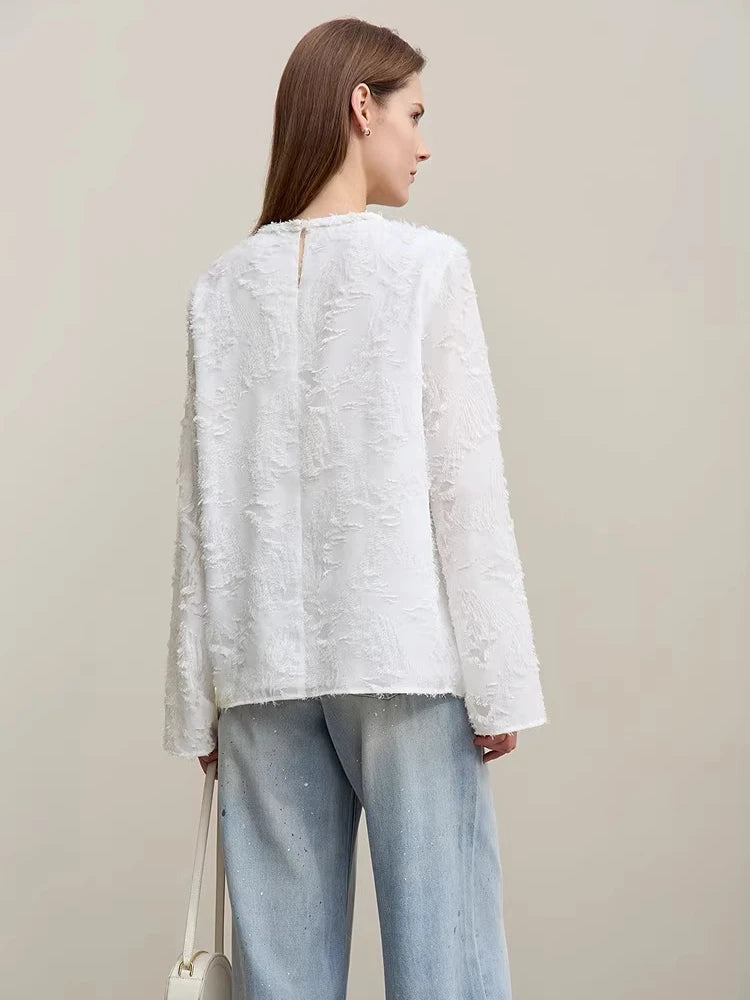 Amii Women's Blouse 2026 Spring New Round Neck Elegant Straight Chiffon Shirt Women's Commuter Long Sleeve Pullover Top 12611033 Loran