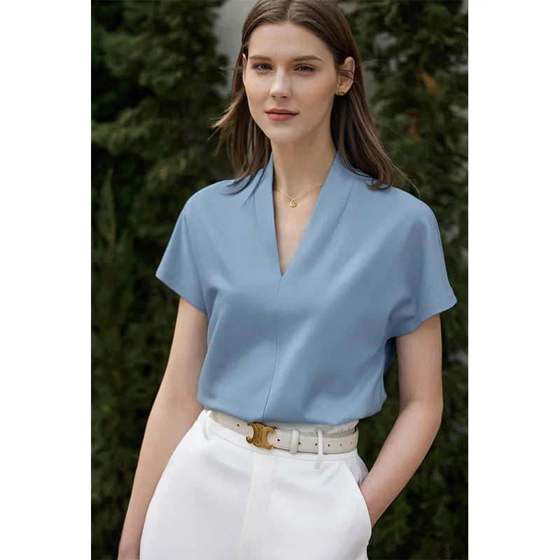 AMII Minimalism 2025 Summer Women's T-shirt Classic Style Casual V-neck Short Sleeve Solid Stretch Female Tops & Tees 12312013 Loran