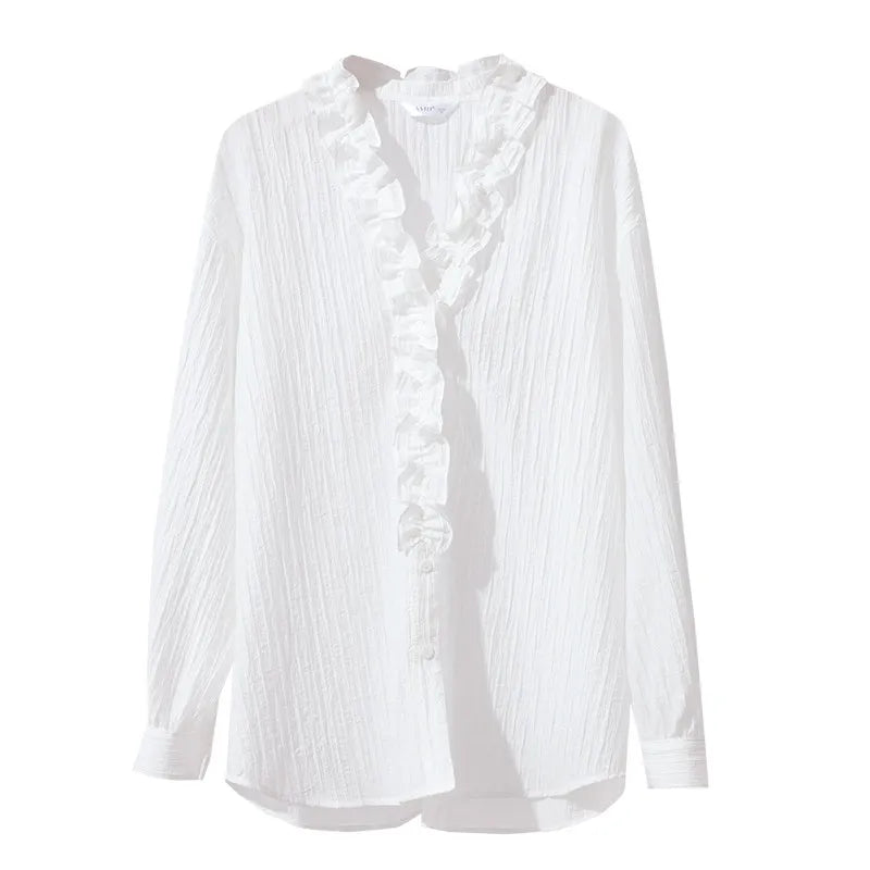 Amii Women Shirt 2026 Spring New Romantic Ruffles V-Neck Pullover Shirt Elegant Loose Long Sleeve Women's Blouses 12641123 Loran