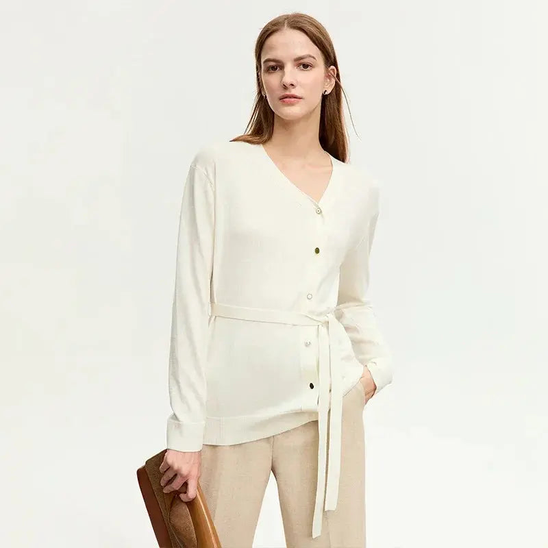 Women's V-Neck Knit Cardigan Sweater with Belt - Loran