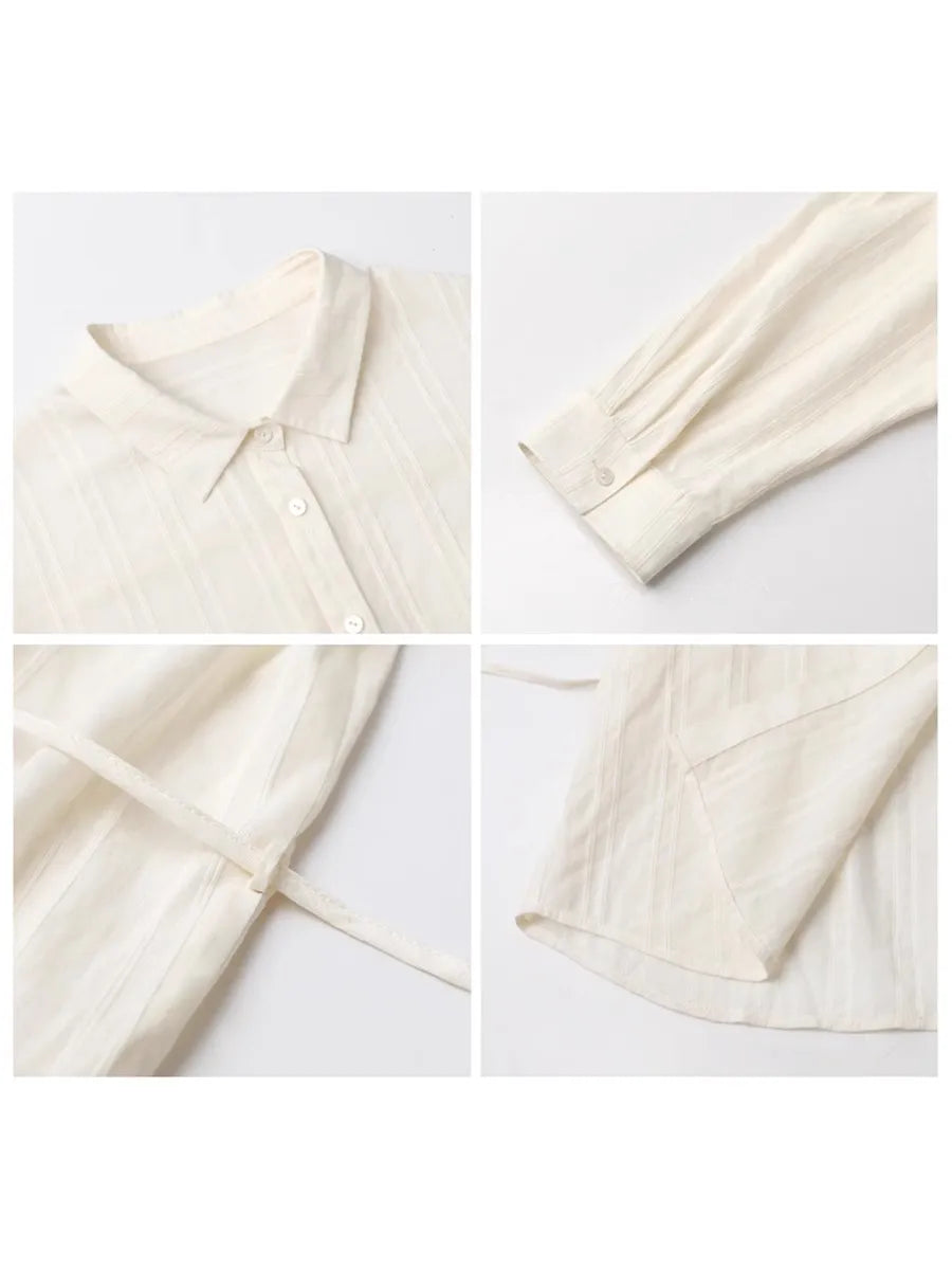Textured Striped Waist Shirt Long Sleeve Summer Blouse Loran