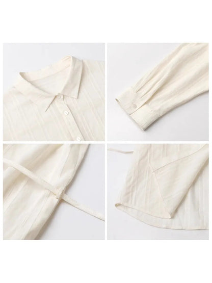 Textured Striped Waist Shirt Long Sleeve Summer Blouse Loran