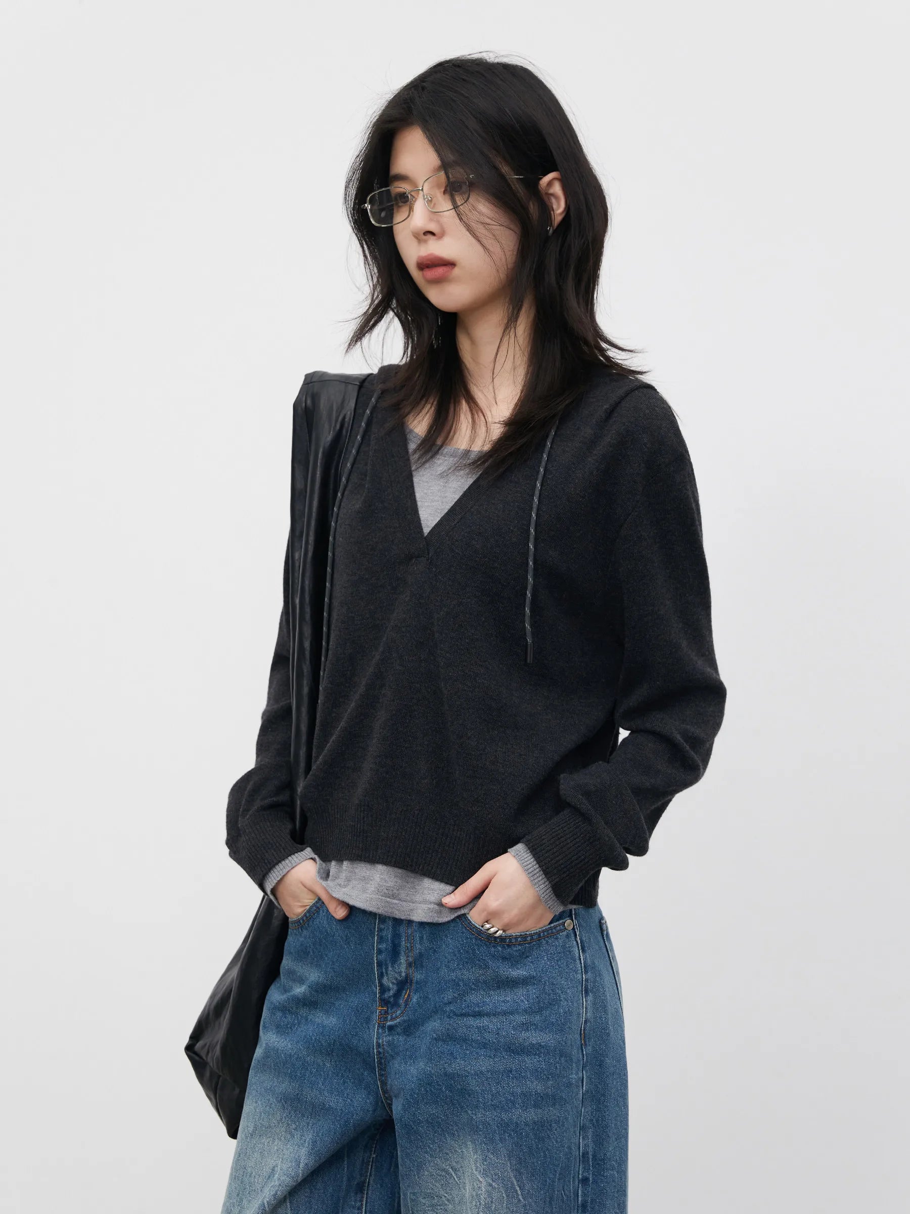 Casual Contrast Color Hooded Pullover - Loose Knit Sweater Loran