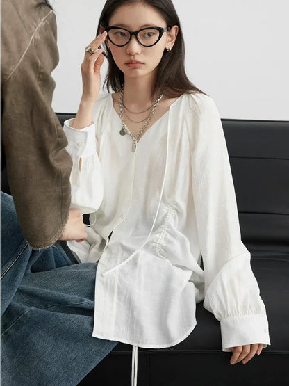 Women’s V-Neck Lace-Up Blouse Loose Pleated Spring Top Loran