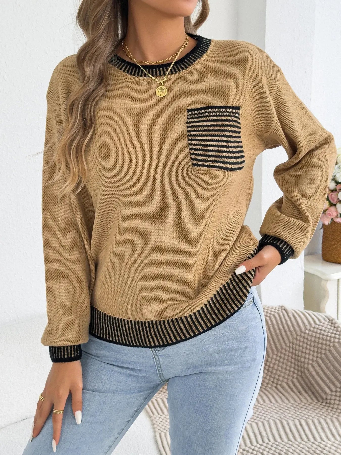 Chic Striped Color Block Knitted Top with Pockets - Lantern Sleeve Style - Loran