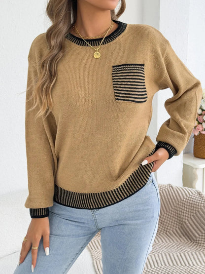 Chic Striped Color Block Knitted Top with Pockets - Lantern Sleeve Style - Loran
