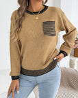 Chic Striped Color Block Knitted Top with Pockets - Lantern Sleeve Style