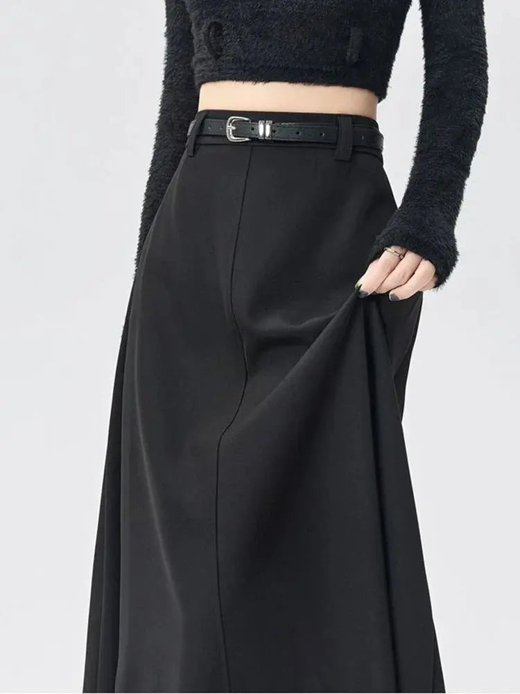 High-Waist A-Line Pleated Midi Skirt with Tie Belt - Loran