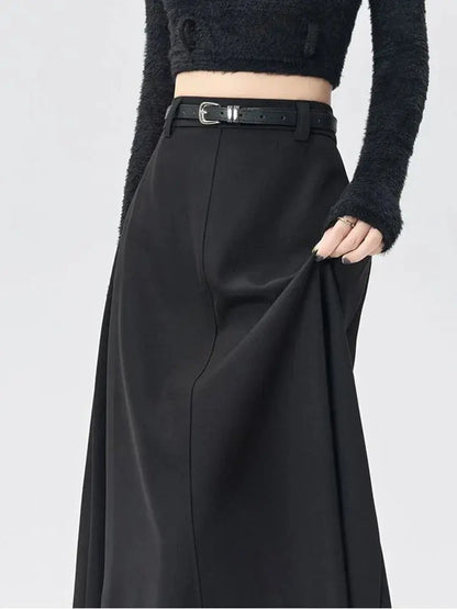 High-Waist A-Line Pleated Midi Skirt with Tie Belt - Loran