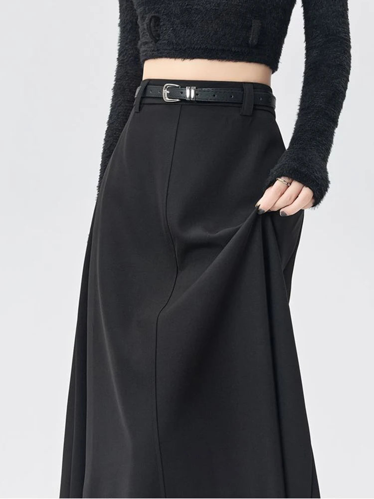 High-Waist A-Line Pleated Midi Skirt with Tie Belt