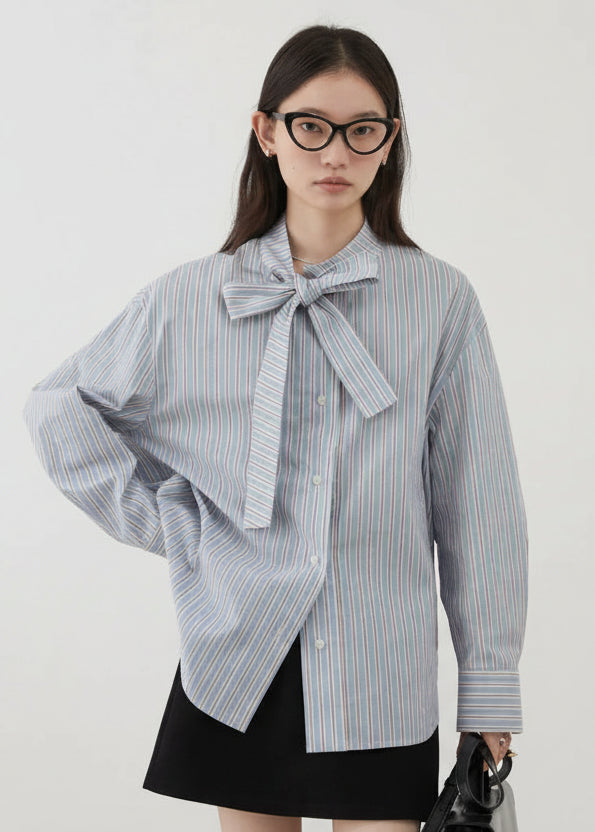 CHIC VEN Women Shirt Loose New Bow Tie Tied Blue Striped Long Sleeved Casual Blouses Cotton Female Top Spring Autumn 2025 Loran