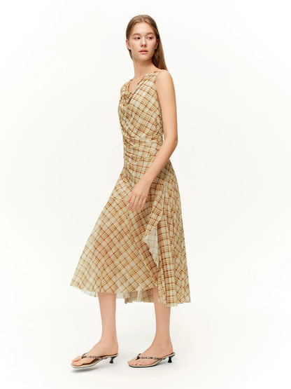 Brown Retro Plaid Mesh Maxi Dress Romantic Style Loran