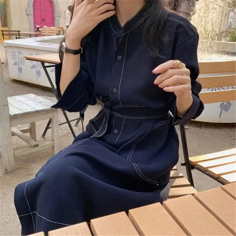 Casual-Chic Stand Collar Straight Dress with Tie Sash - Loran