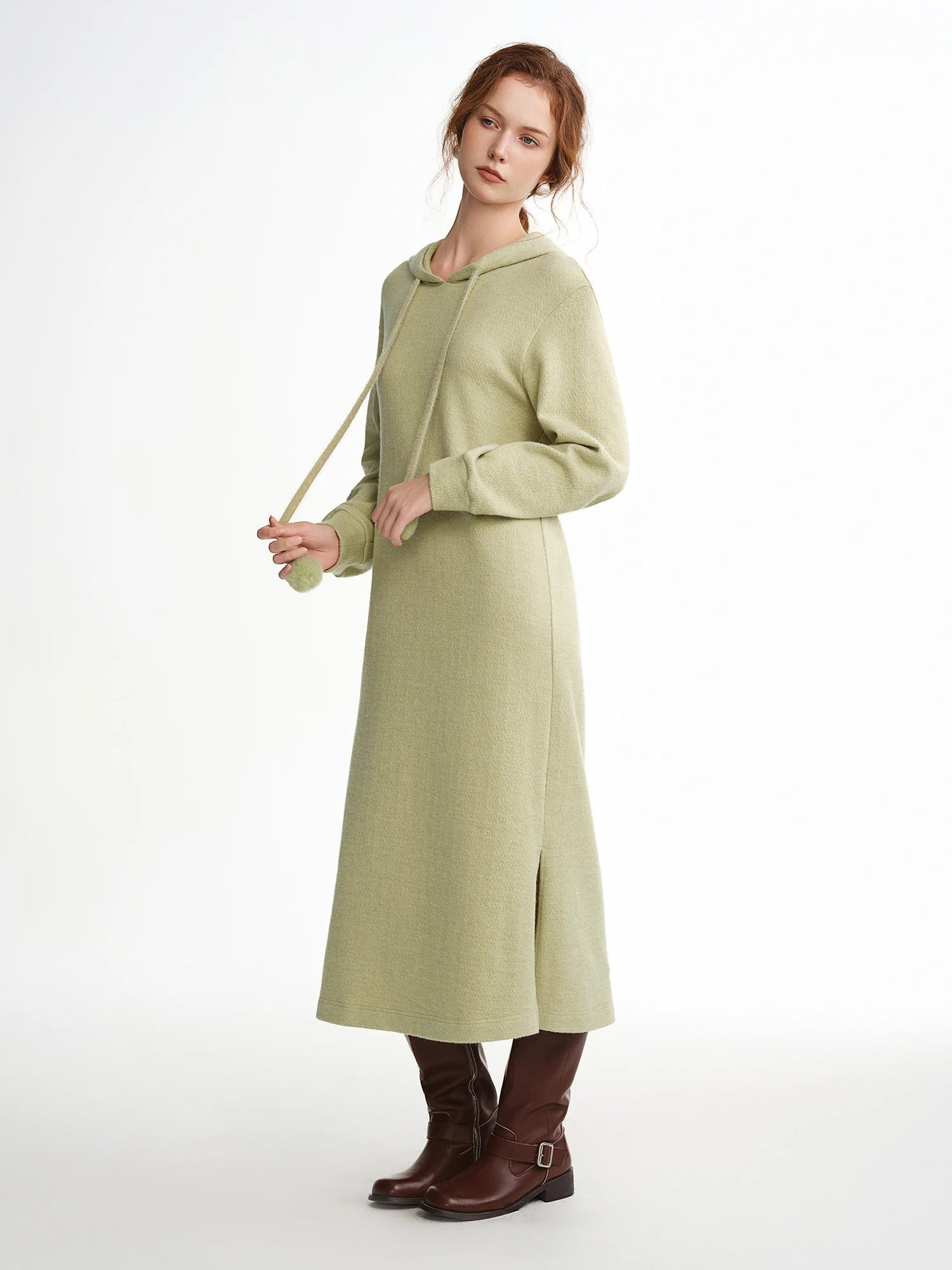 Hooded Knit Dress Drawstring Waist Winter Tunic Loran
