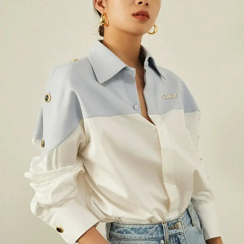 Contrast Patchwork Long-Sleeve Blouse - Loran