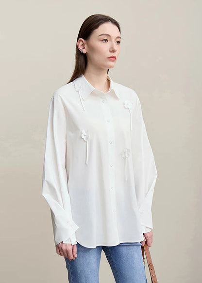 Amii All Cotton Women's Shirt 2026 Spring New Commuter Lapel Handmade Three-dimensional Flower Shirt Women's Loose Top 12641009 Loran