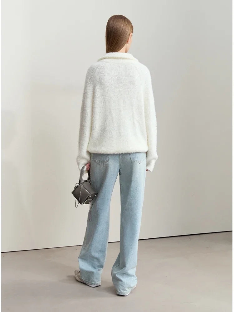 Women's Loose Fit Turtleneck Sweater with Quarter-Zip