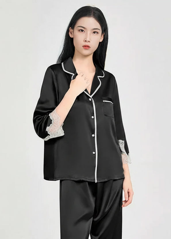 Mulberry Silk Pajama Set with Lace Trim 3-Piece Loungewear Loran