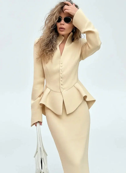 Ruffled Jacket & Slim Skirt Office Set - Loran