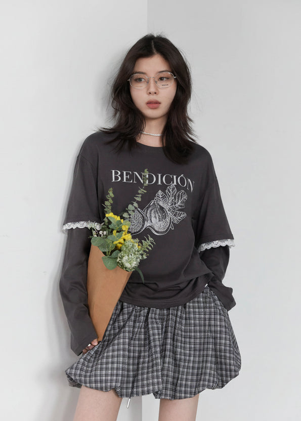 Cotton Letter Print T-Shirt Lace Patchwork Tee