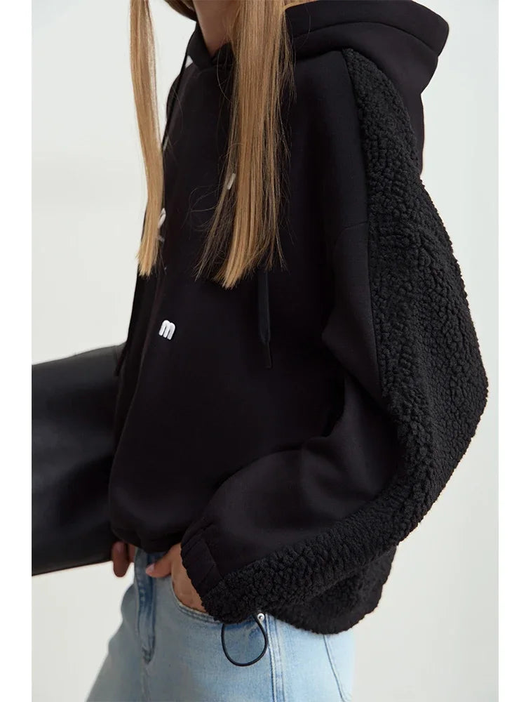 Embroidered Drawstring Faux Lamb Wool Sweatshirt