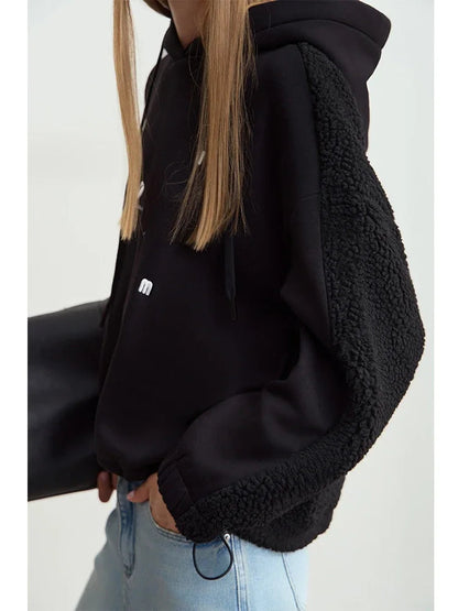 Embroidered Drawstring Faux Lamb Wool Sweatshirt