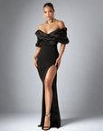 Satin Ruffle Shoulder High Slit Long Dress