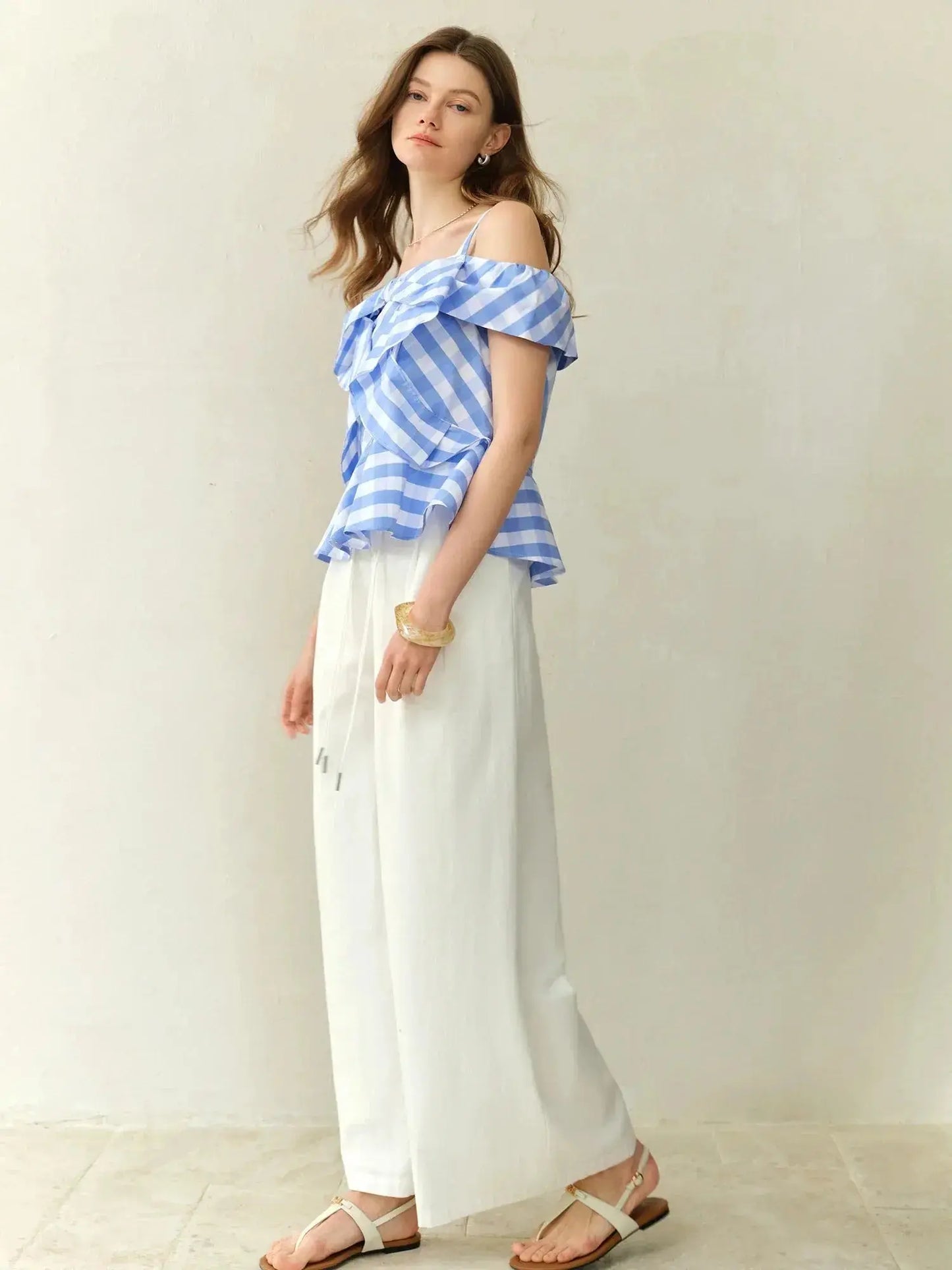 Asymmetric Checkered Blouse with Geometric Print - Loran
