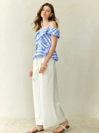 Asymmetric Checkered Blouse with Geometric Print - Loran
