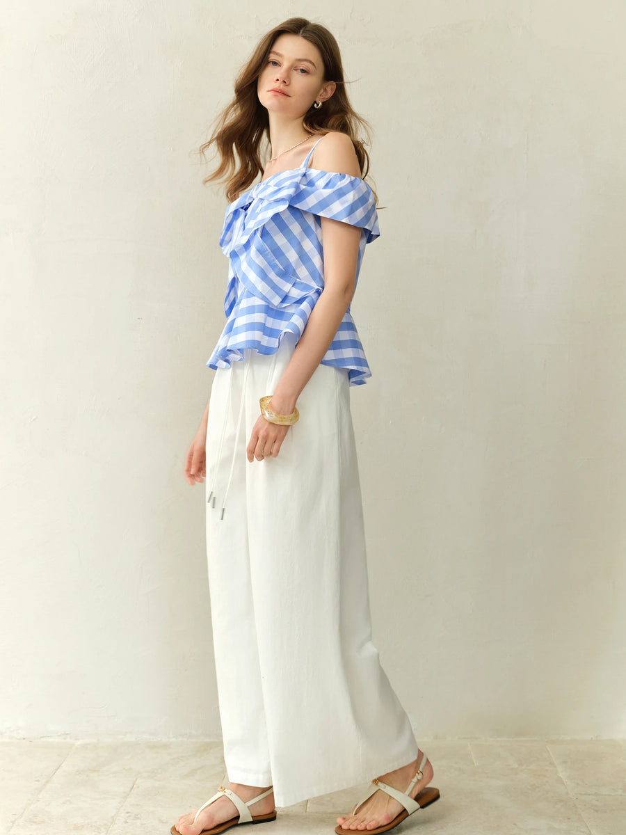 Asymmetric Checkered Blouse with Geometric Print