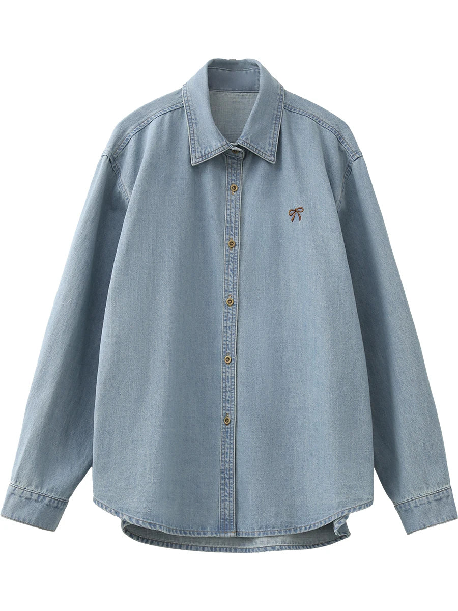CHIC VEN Korean Female Blouses Loose Single Breasted Bow Embroidered Denim Shirt  Blue Shirt for Women Coat Spring Autumn 2025 Loran