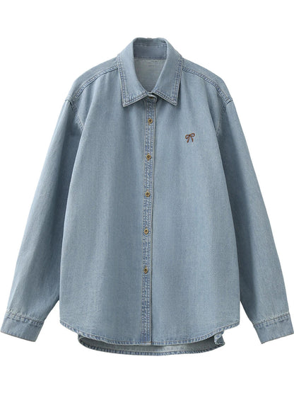 CHIC VEN Korean Female Blouses Loose Single Breasted Bow Embroidered Denim Shirt  Blue Shirt for Women Coat Spring Autumn 2025 Loran