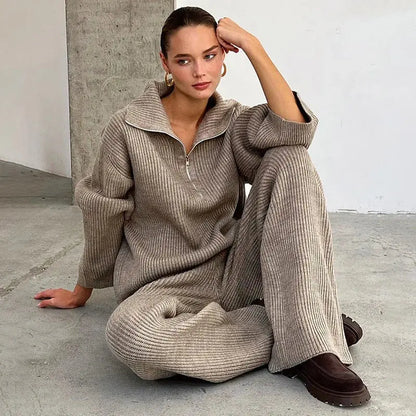 Chic Knitted Sweater and Wide-Leg Trousers Set - Loran