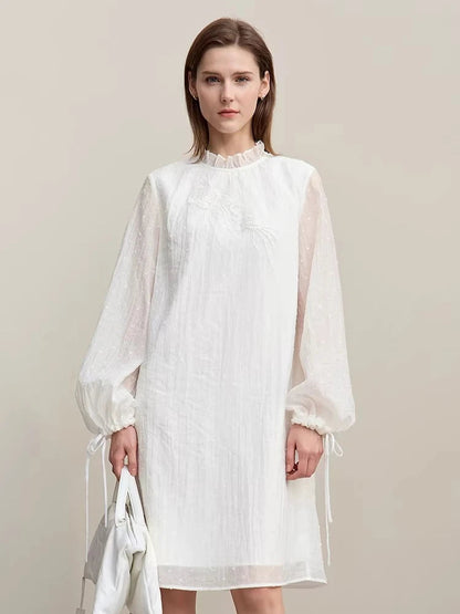 Spring Ruffled Embroidery Elegant Loose Fit Dress